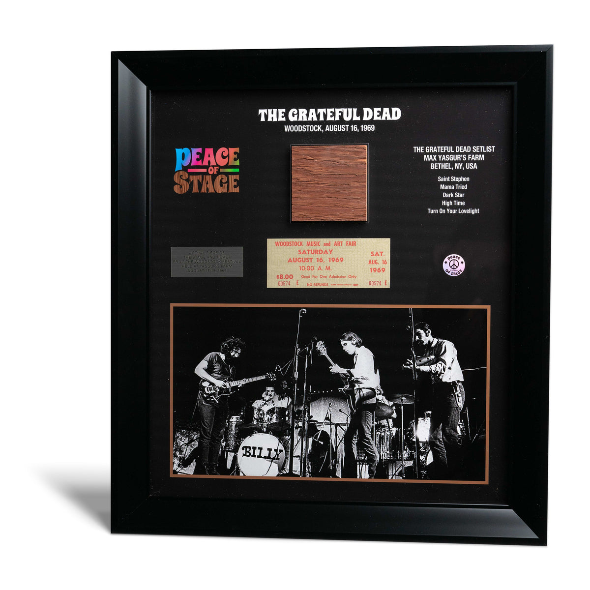 Limited Edition Jimi Hendrix Frame with Piece of 1969 Woodstock Stage and Original Ticket