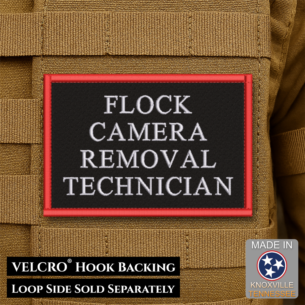 Flock Camera Removal Technician Funny Morale Patch, 2x3" | Made in USA | VELCRO® Brand Hook Backing