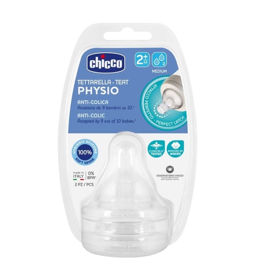 Chicco Physio Silicone Bottle Nipples Medium Flow 2+ Months 2 Pack