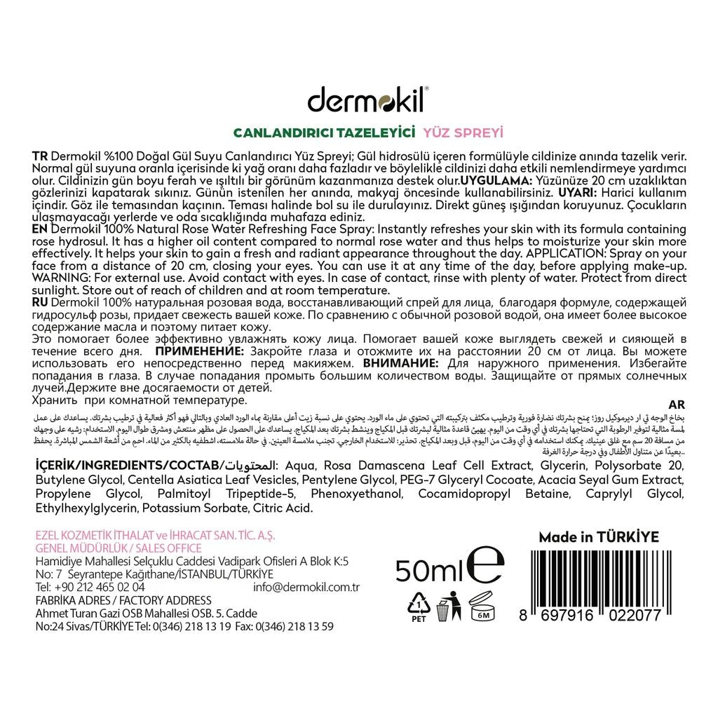 Dermokil 100% Natural Rose Water Spray for Hydration 50 ml