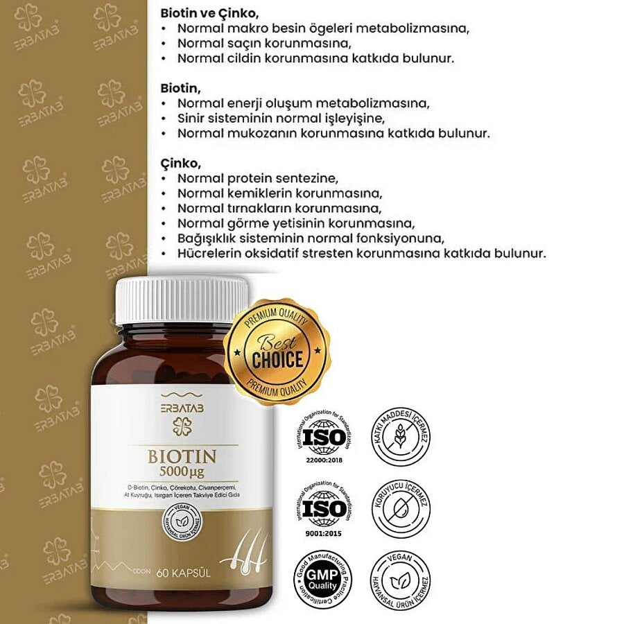 Erbatab Biotin 5000 mcg Hair & Nail Support Supplement 60 Capsules