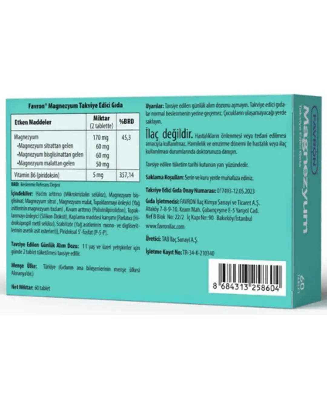 Favron Magnesium Dietary Supplement for Daily Wellness 60 Tablets