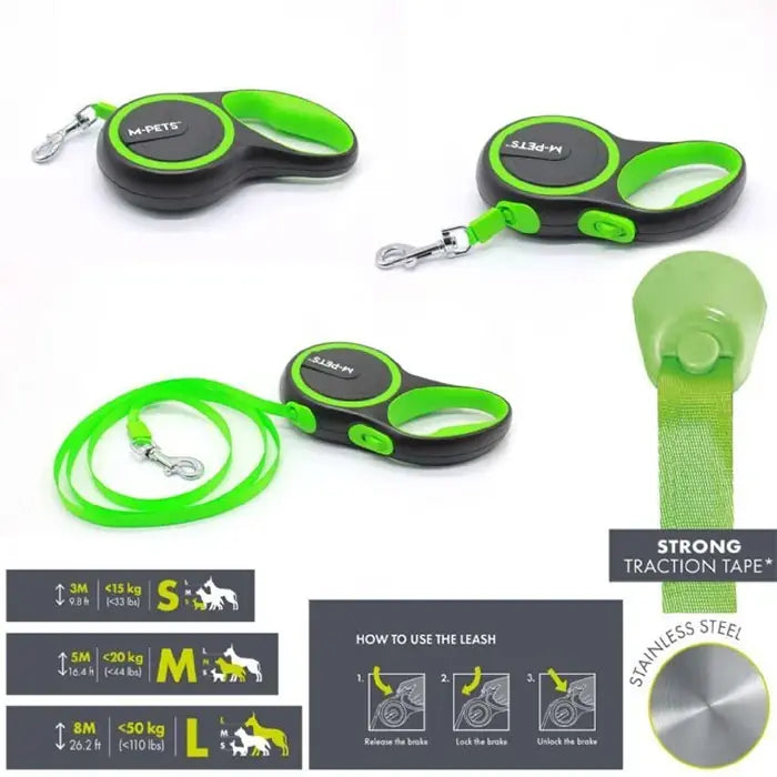 M-Pets Liberty Automatic Dog Leash Green Tape 3m Small