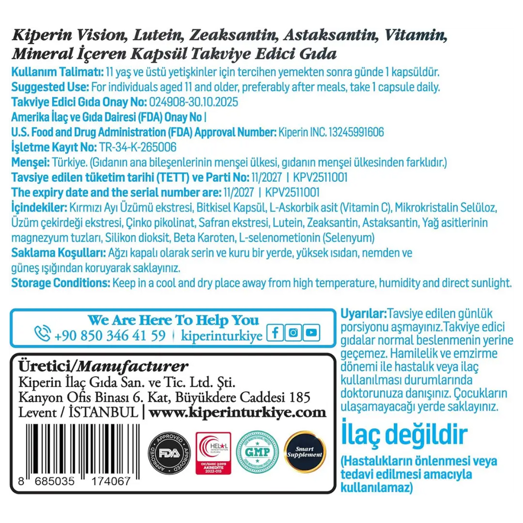 Kiperin Vision Lutemax Lutein Eye Support Supplement 30 Capsules