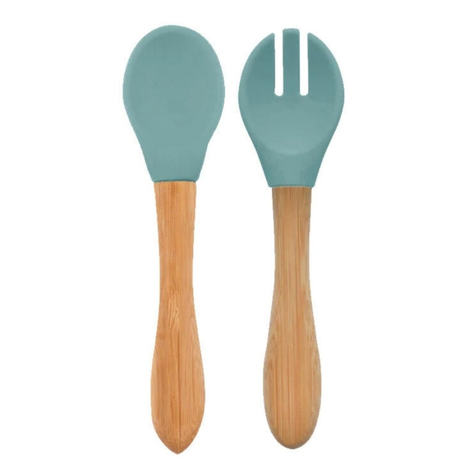 OiOi Silicone Fork and Spoon Set Aqua Green Feeding Utensils