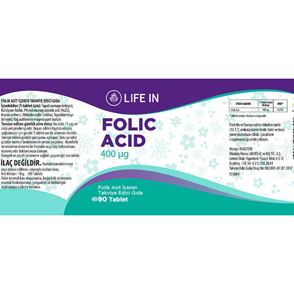 Life In Folic Acid 400 mcg Dietary Supplement 90 Tablets