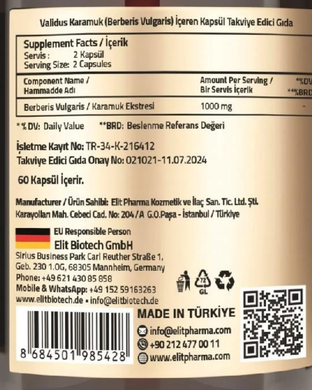 Validus Berberin 1000 mg Berberis Vulgaris Supplement 60 Capsules