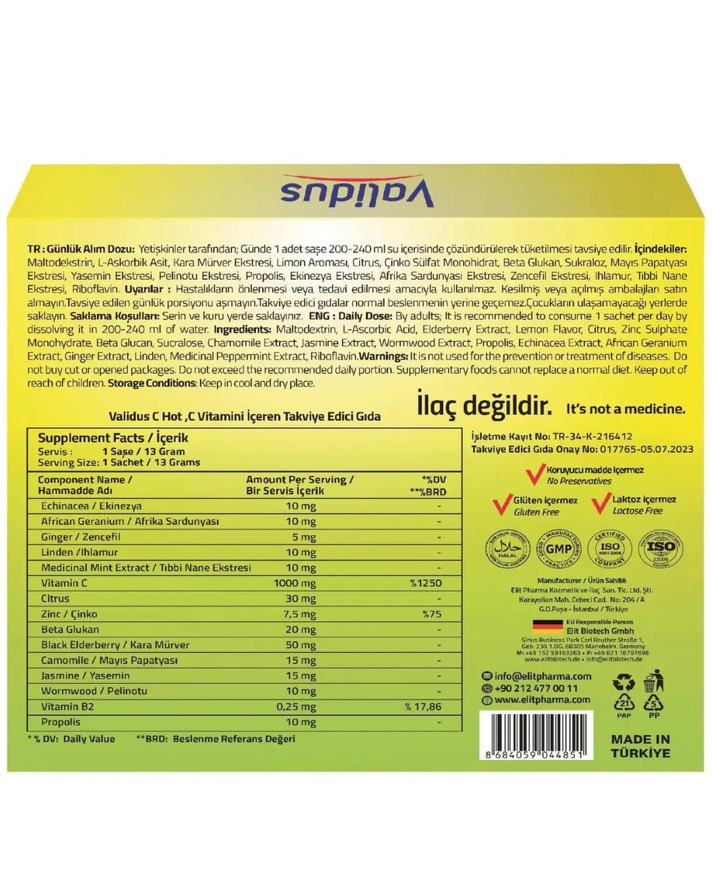 Validus C Hot Herbal Drink Mix for Daily Support 12 Sachets