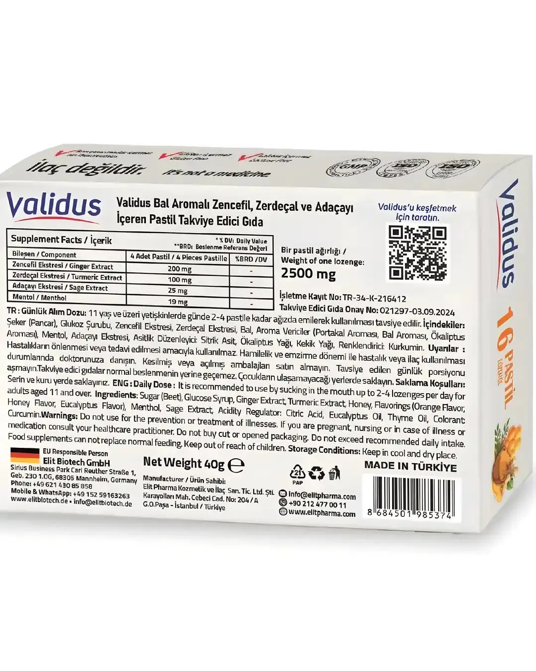Validus Ginger & Turmeric Herbal Pastilles with Honey 16 Count