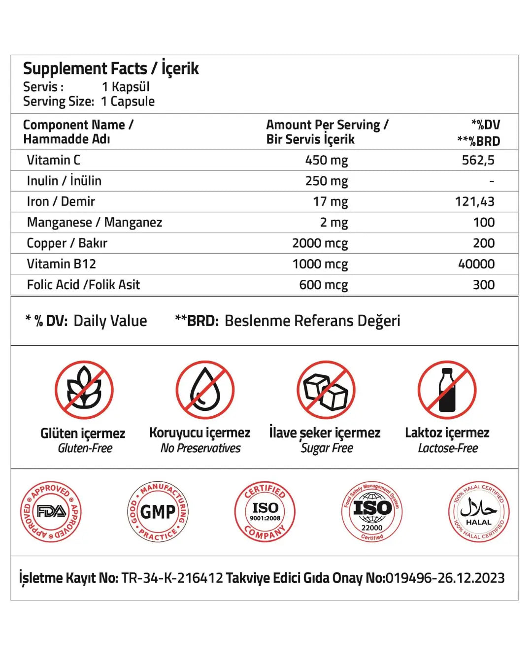 Validus Iron & Vitamin C Complex with B12 and Inulin 90 Capsules