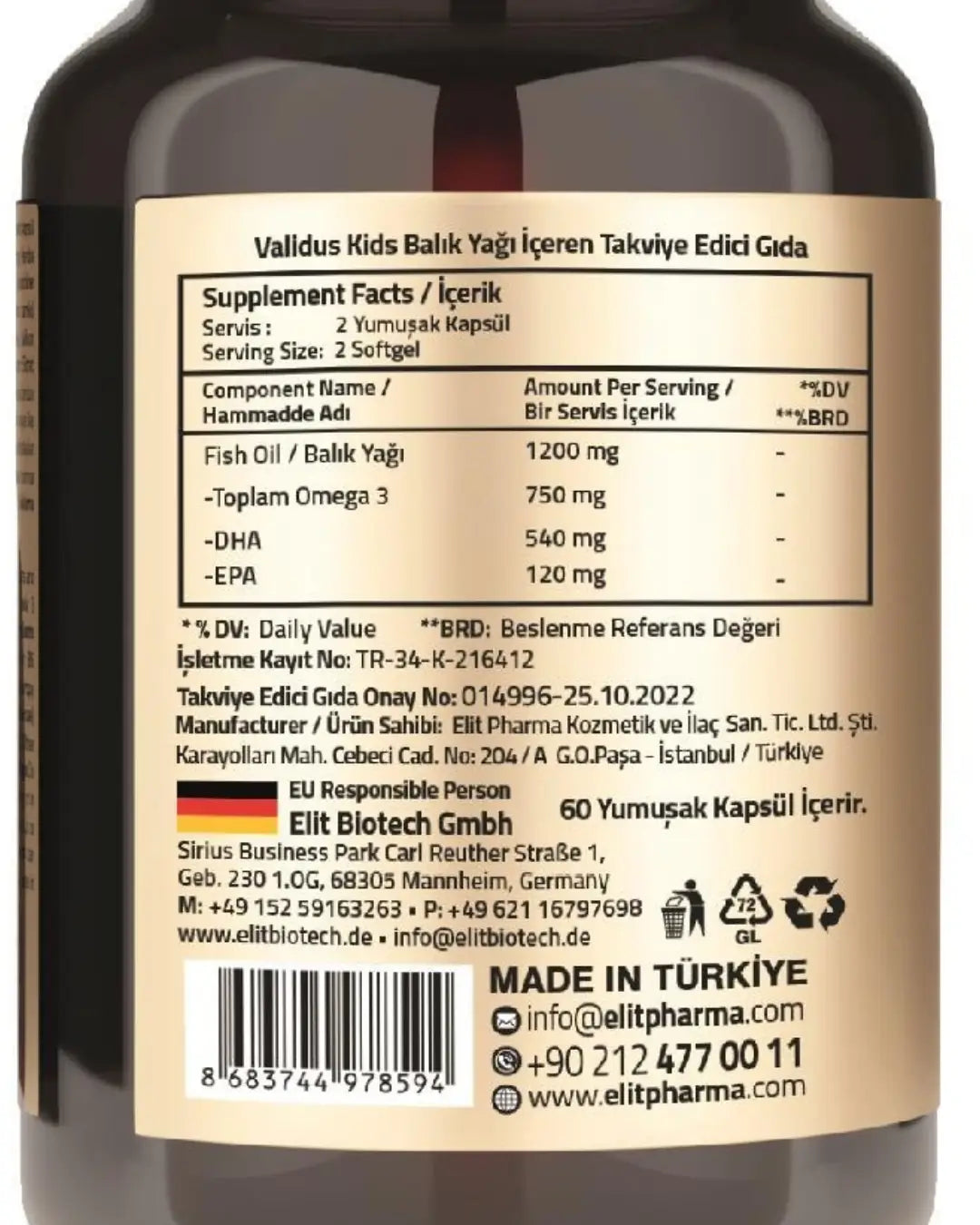 Validus Kids Fish Oil 1200 mg Omega-3 Support 60 Softgels
