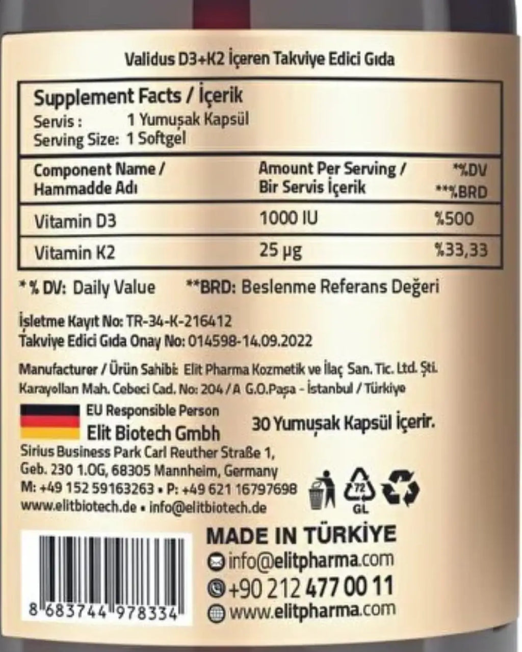 Validus Vitamin D3 & K2 Supplement for Bone Support 30 Softgels