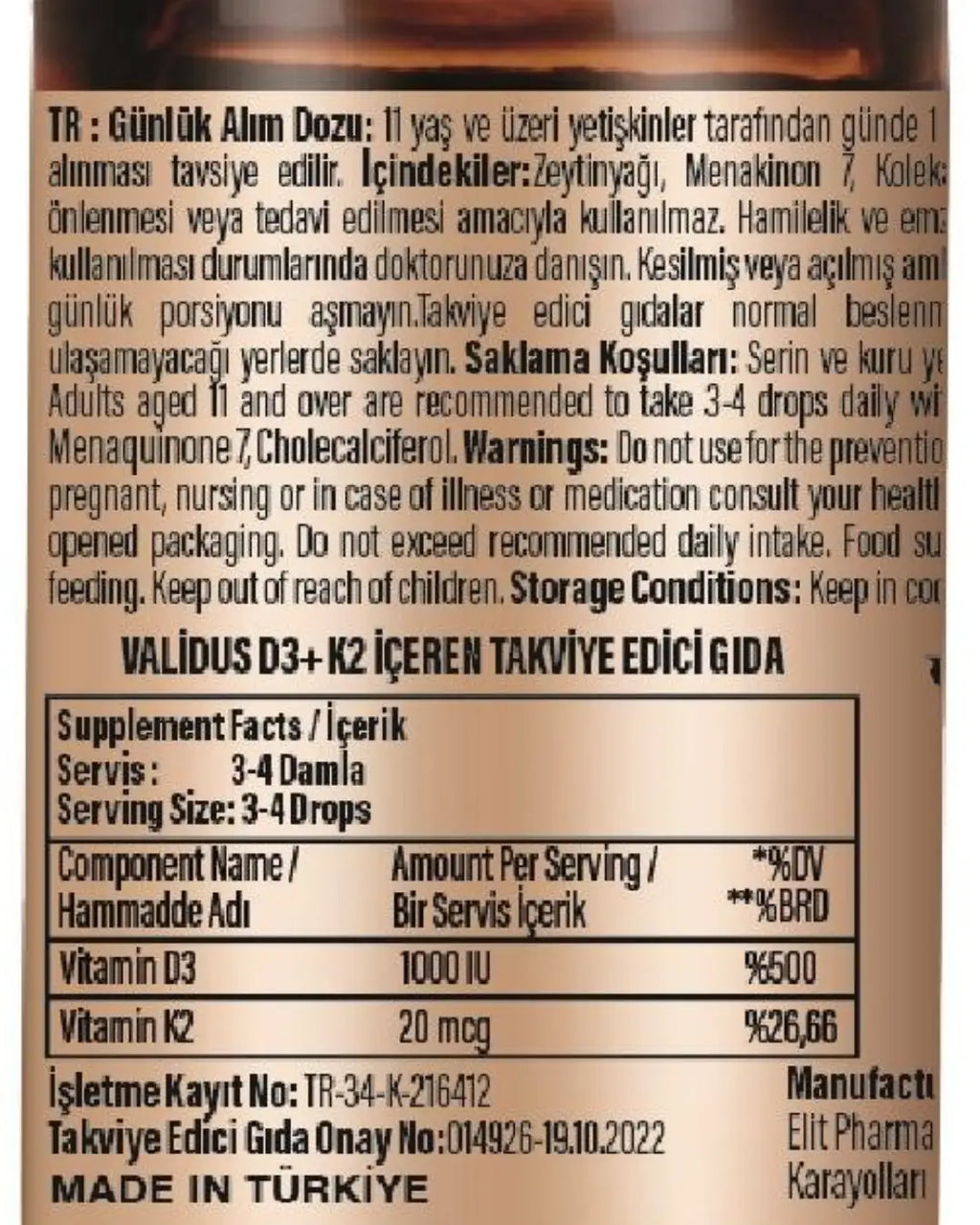 Validus Vitamin D3 + Vitamin K2 Drops for Bone Support 10 ml
