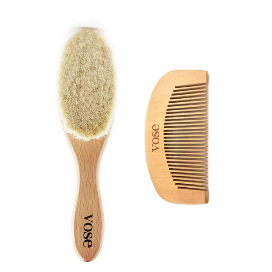 Vose Soft Goat Hair Baby Hair Brush & Wooden Comb Set 2 Pieces
